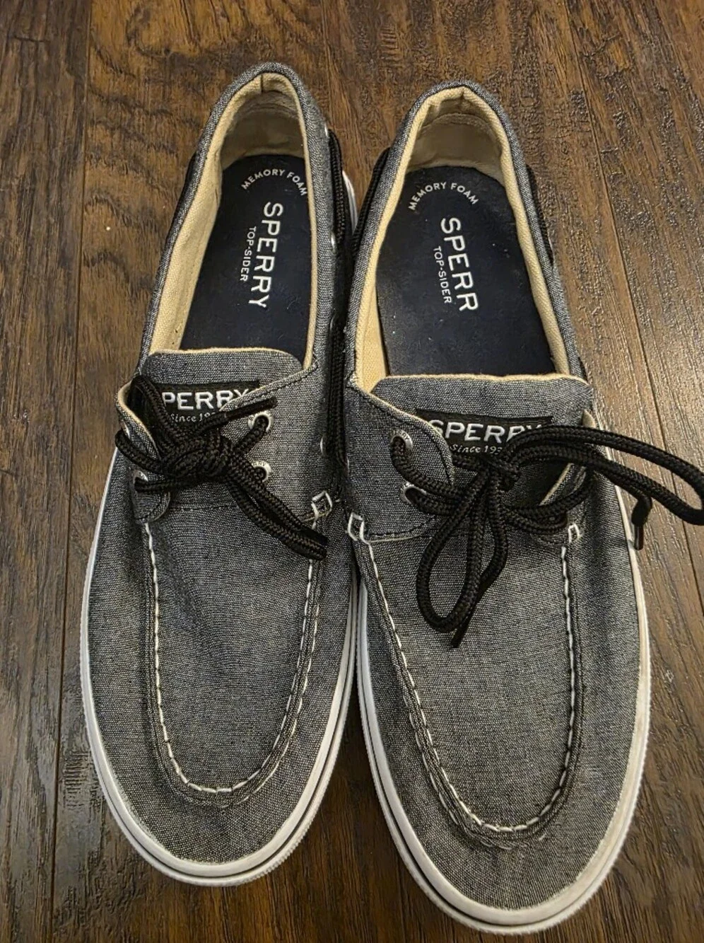 Sperry Gray Canvas Boat Shoes with Black Laces